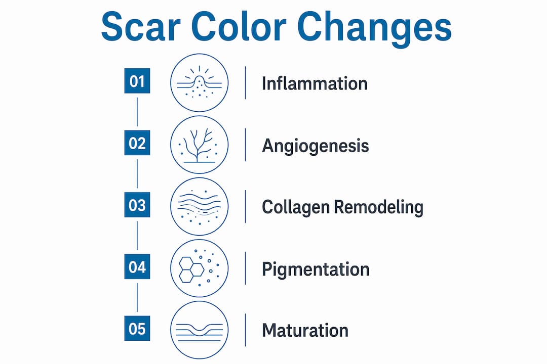 Infographic illustrating stages of scar color changes over time