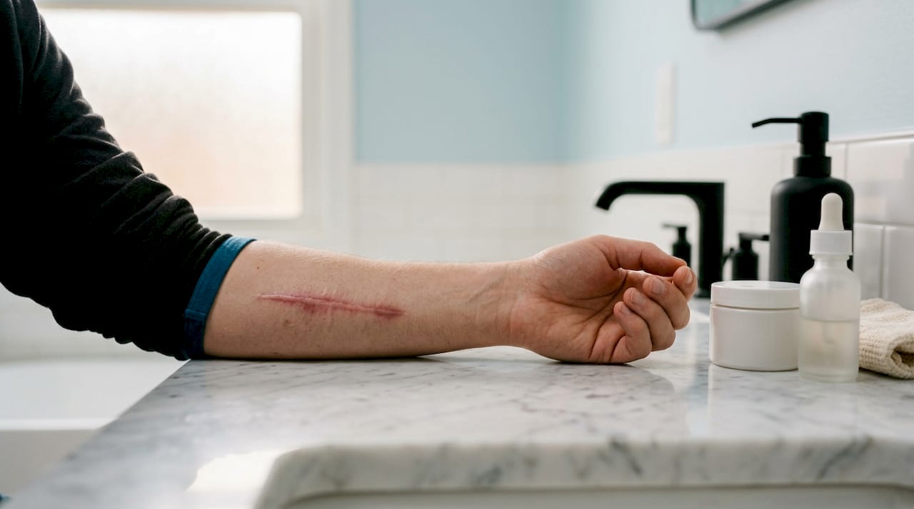 Close-up of healing scar on forearm showing color changes