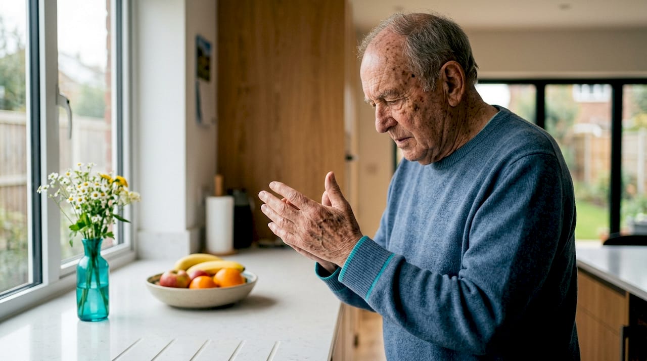 Elderly man examining photoaged skin wrinkles
