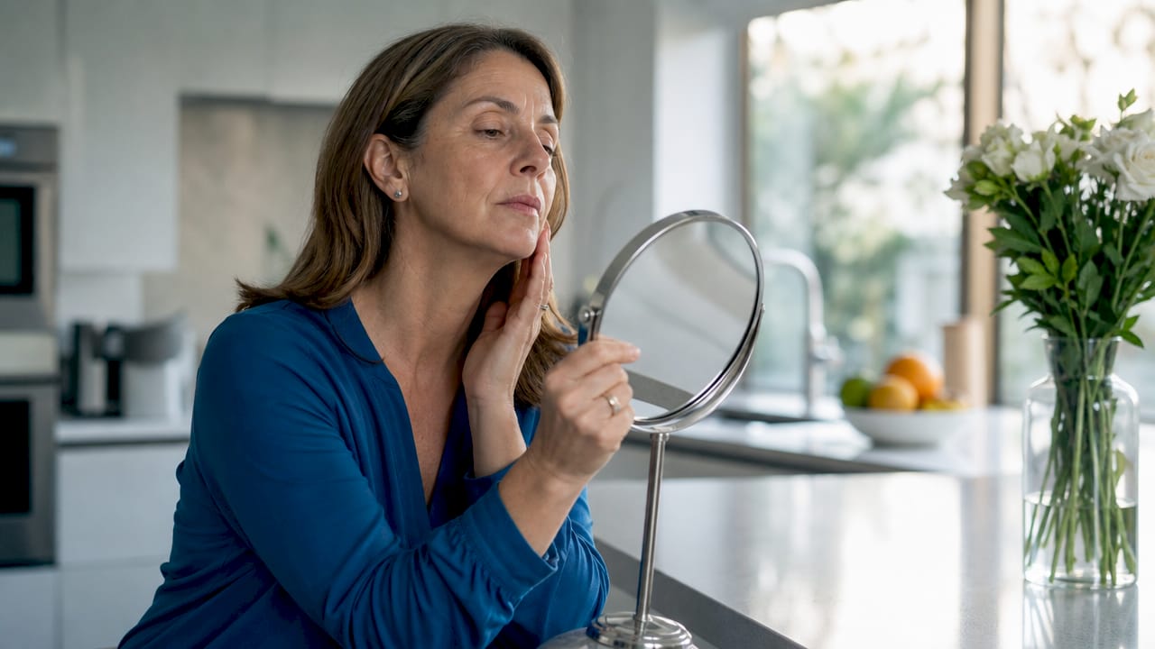 Woman examining skin reflecting photoaging signs