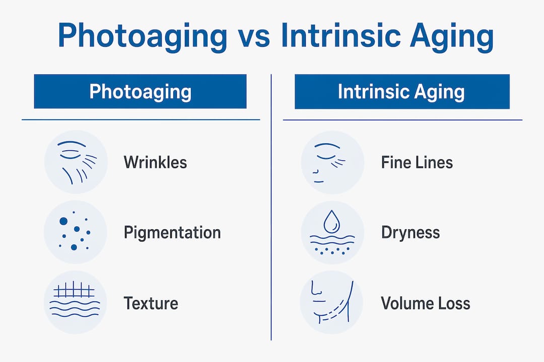 Infographic comparing photoaging and intrinsic aging features
