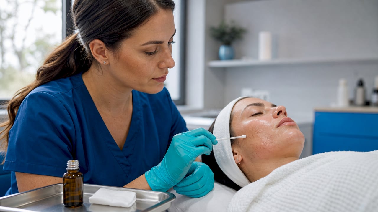 Close-up of hands applying medium-depth chemical peel