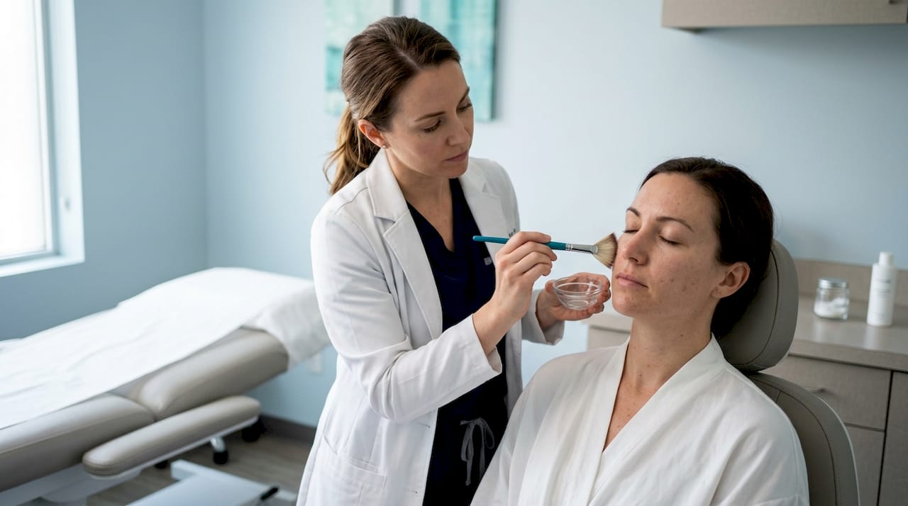 Esthetician applying chemical peel on client's face