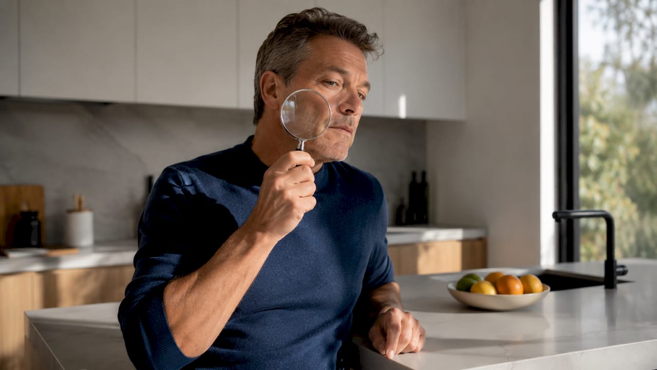 Man inspecting skin with magnifying glass