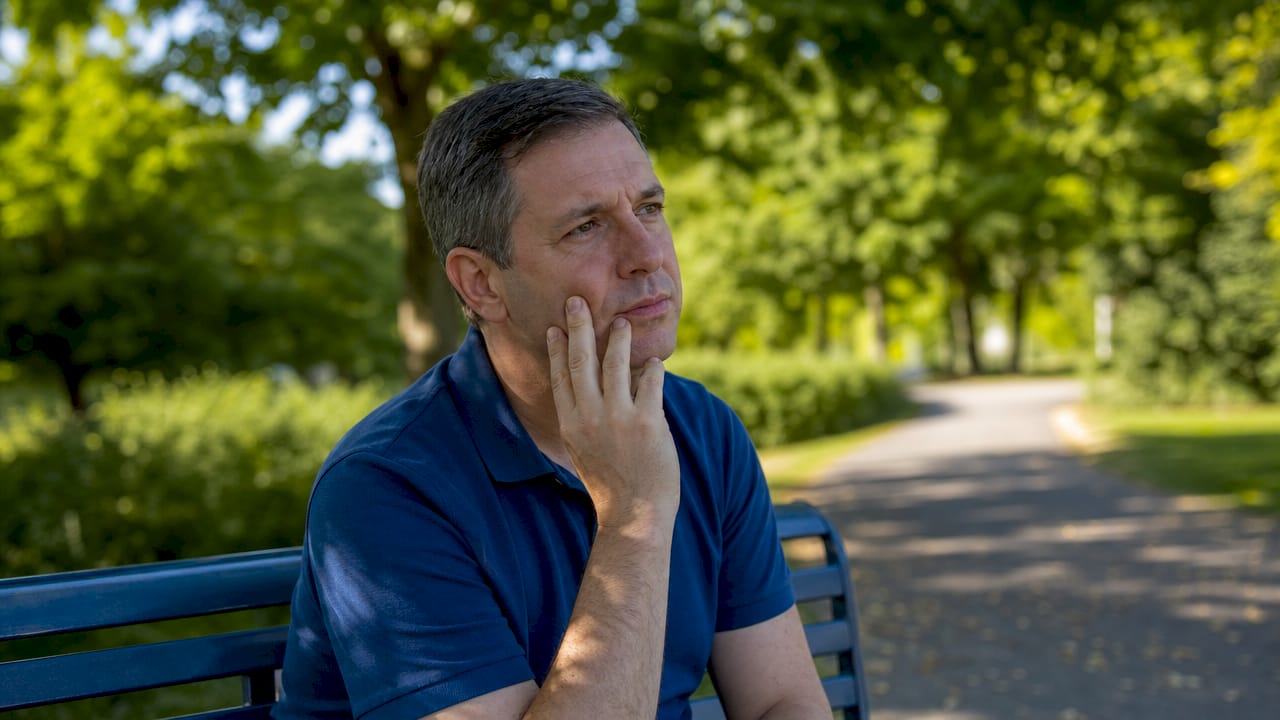 Middle-aged man examining skin in clinic