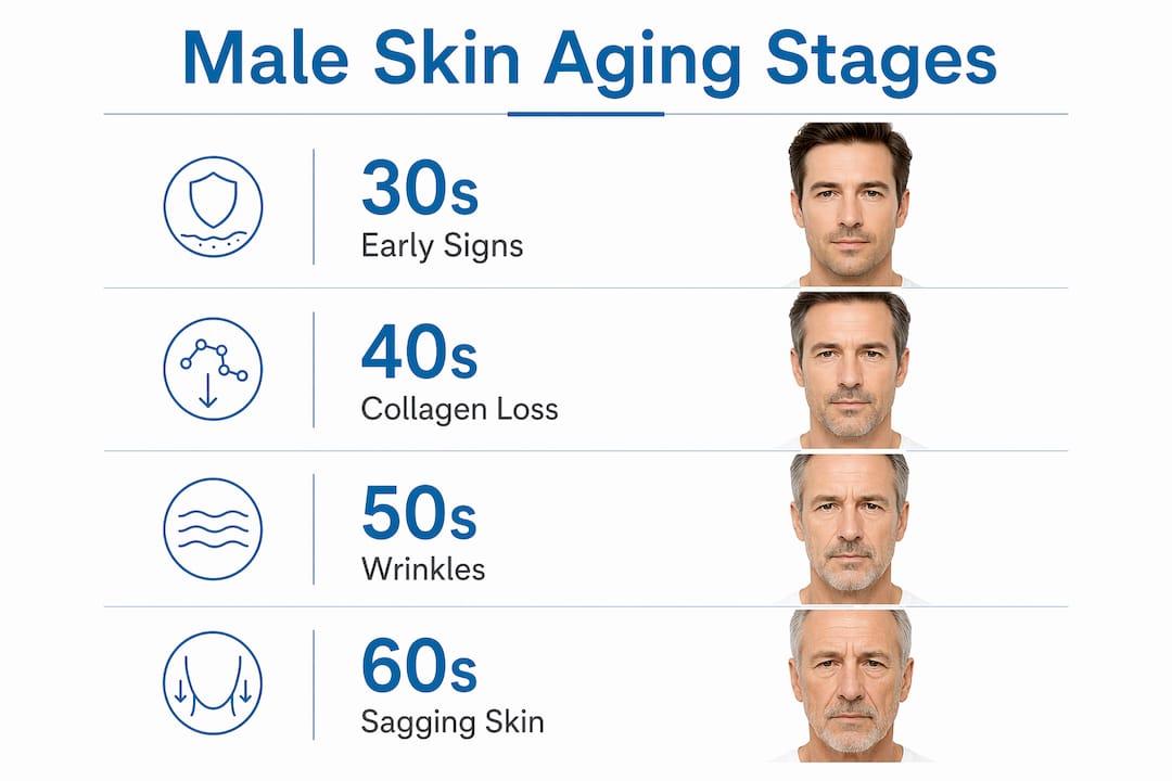 Infographic outlining stages of male skin aging