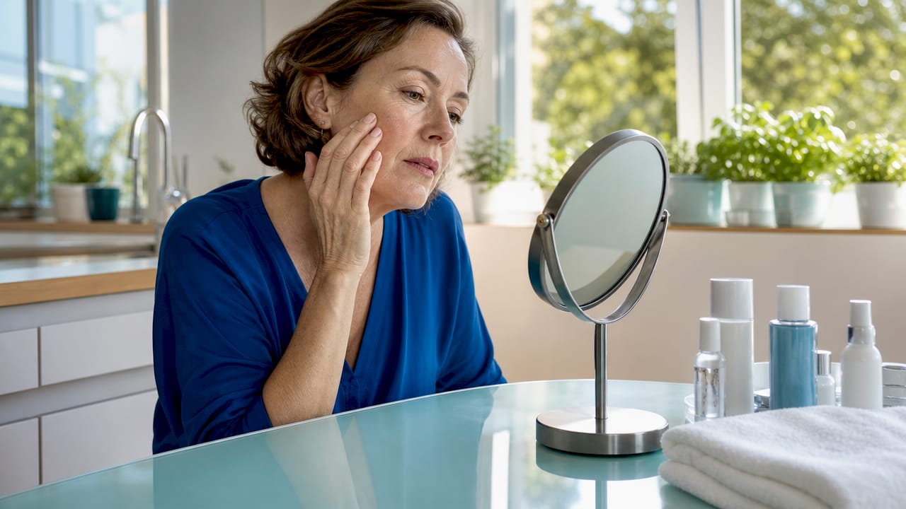 Woman examining facial skin at vanity