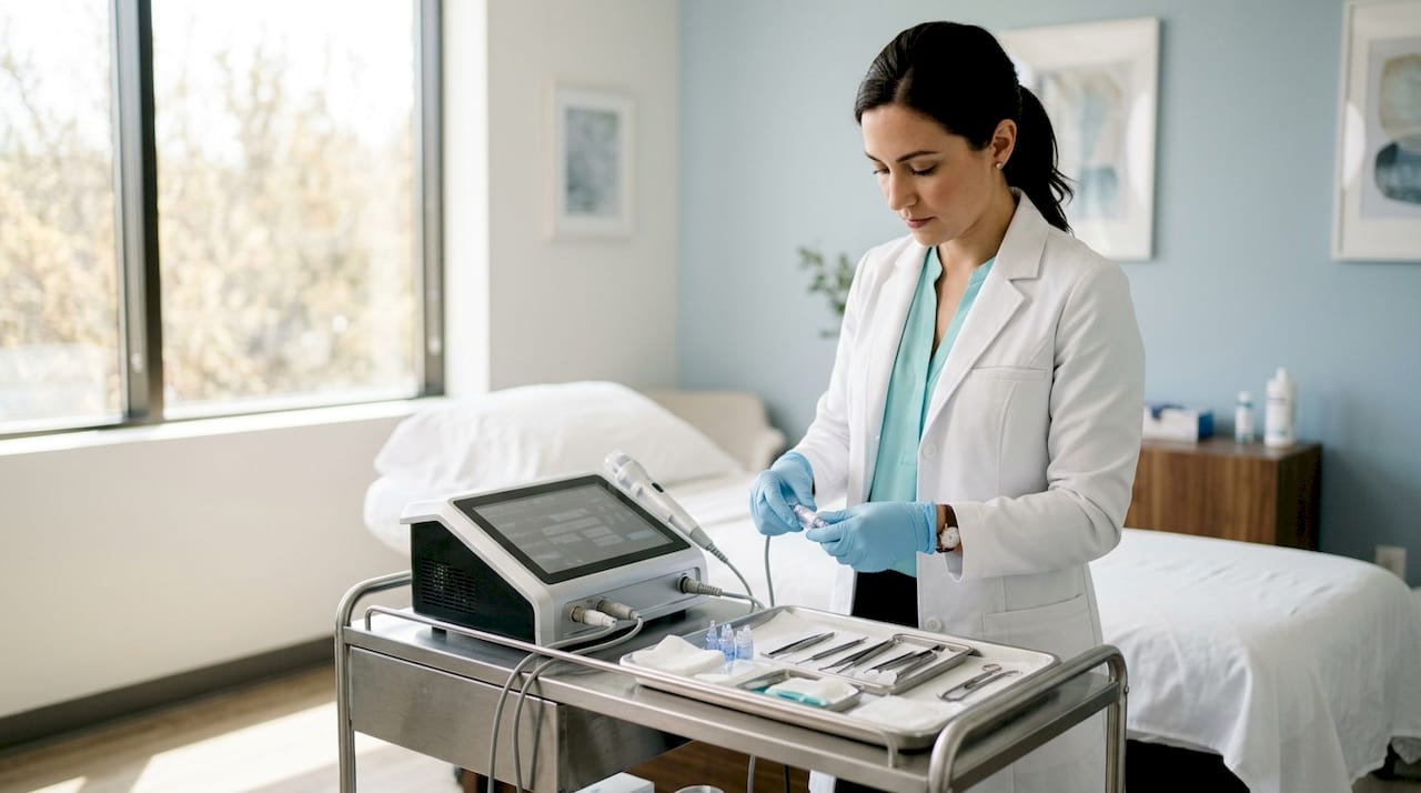 Dermatologist preparing skin treatment device