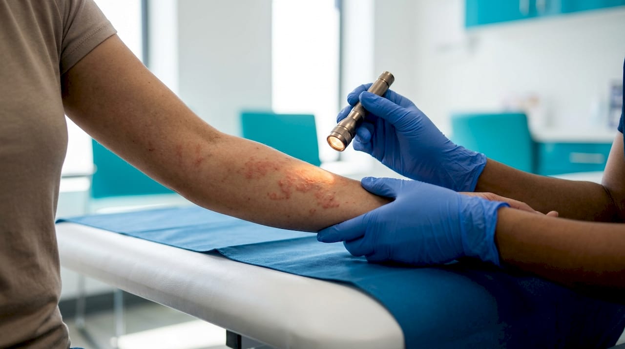 Dermatologist examining spreading skin rash