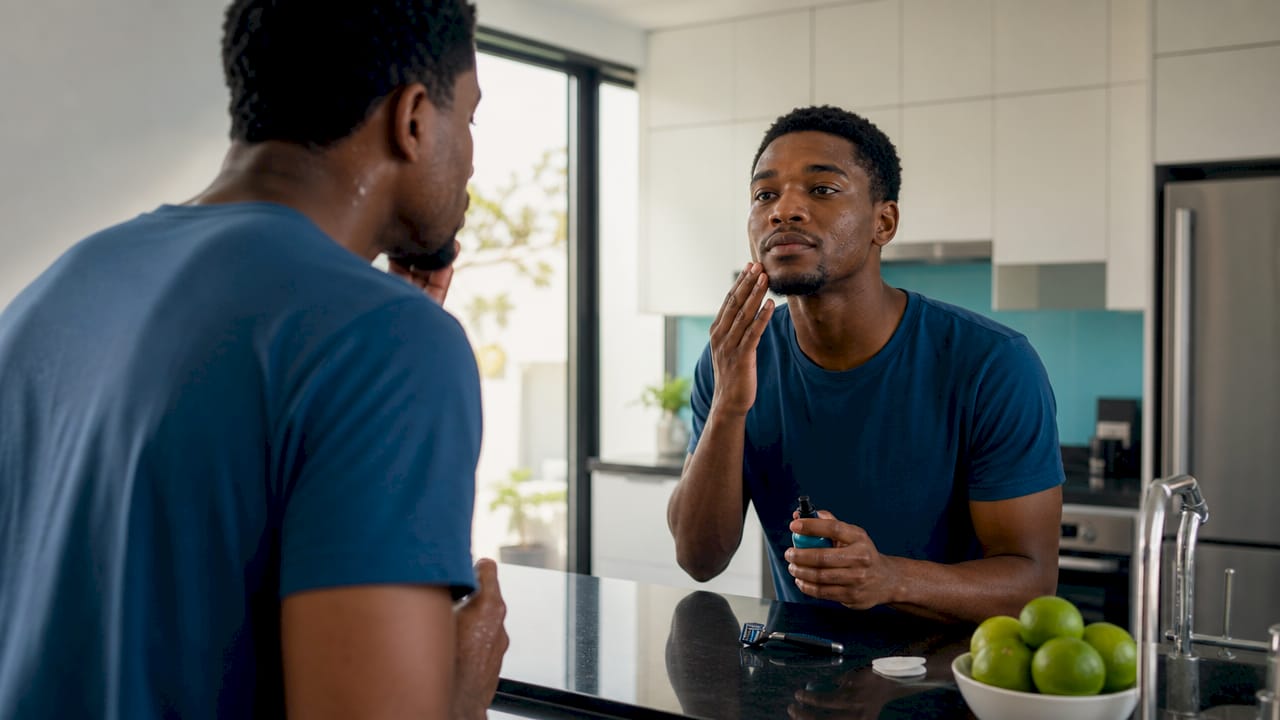 Young man applying aftershave in bathroom mirror