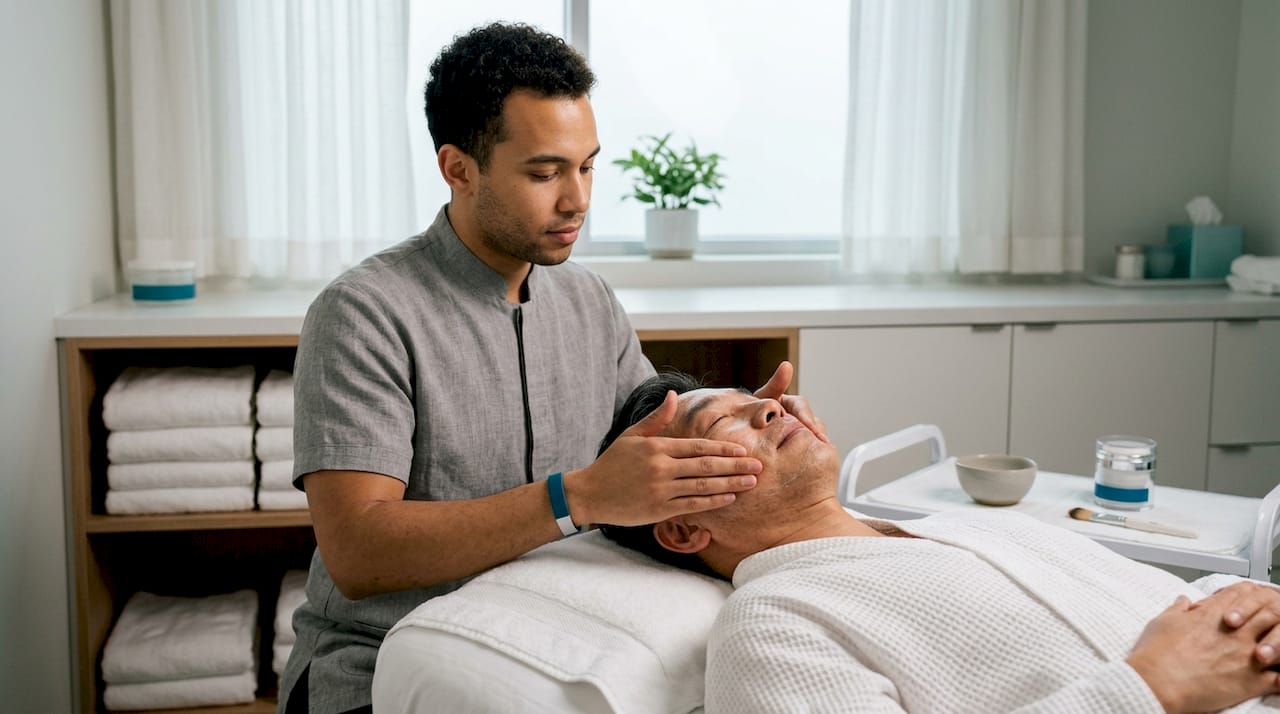Esthetician giving facial treatment to man