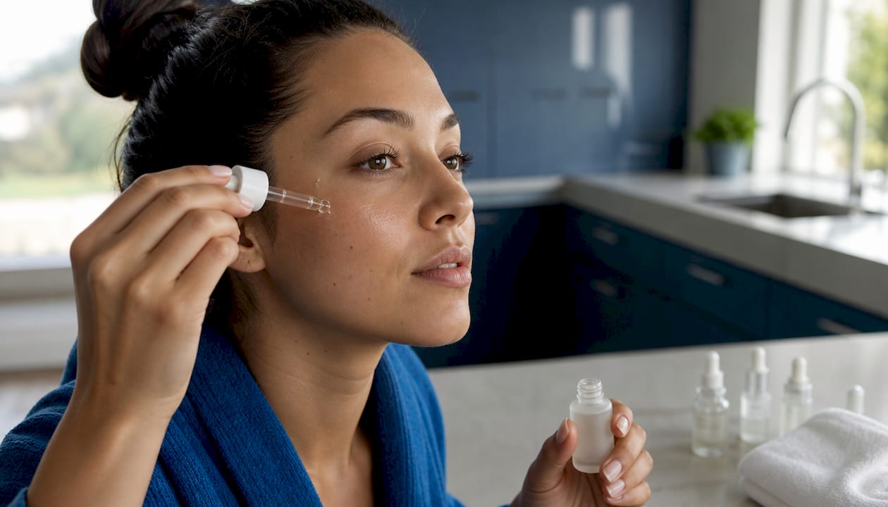 Woman applying serum in bathroom at home