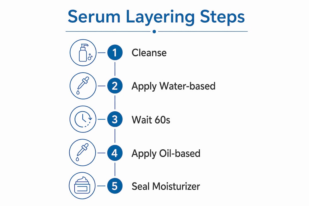 Infographic illustrating steps to layer serums correctly at home