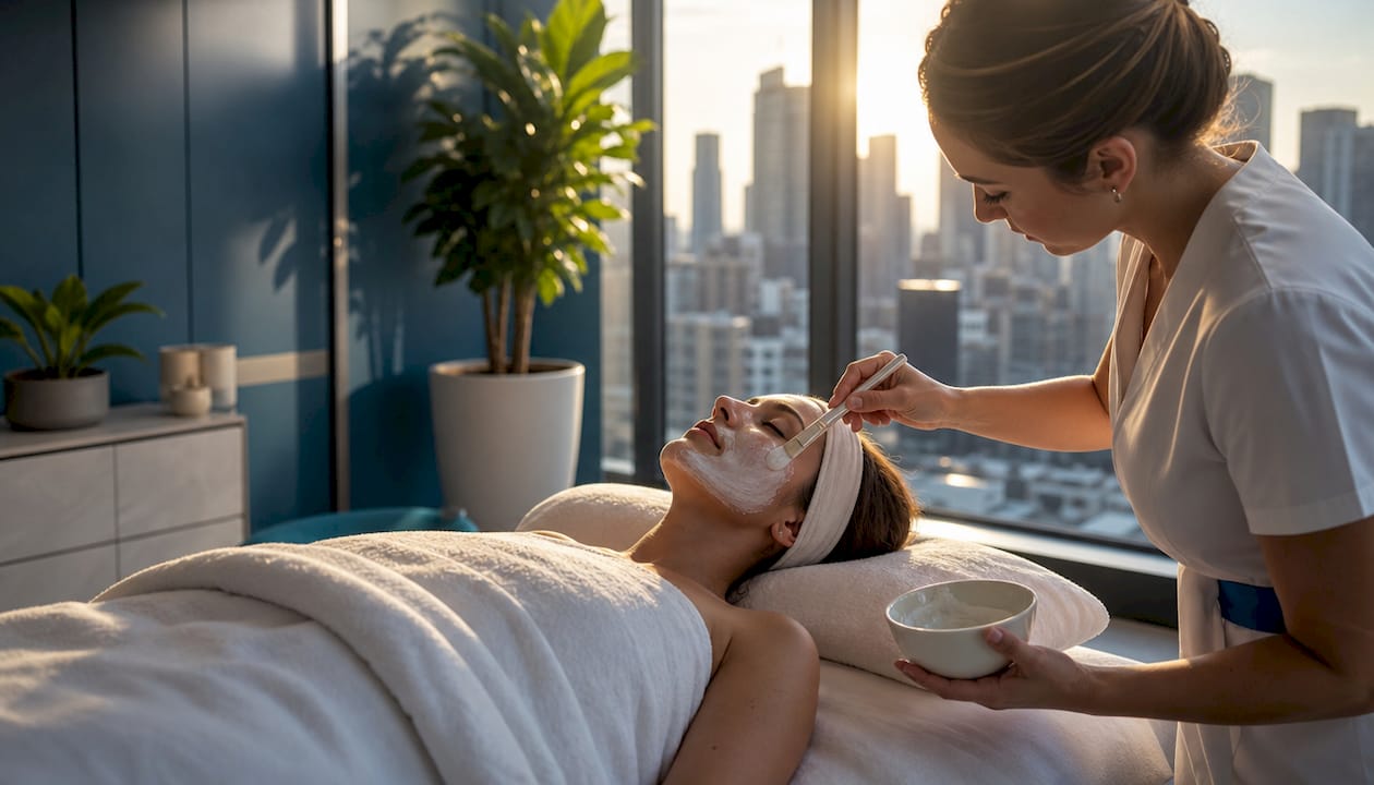 Day spa esthetician applying facial mask