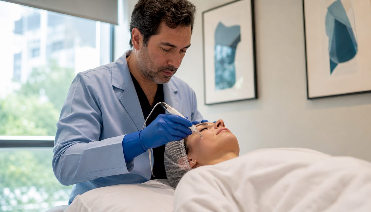 Skincare professional microneedling client