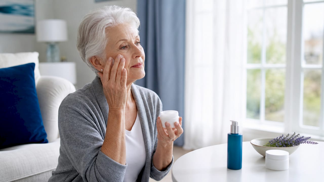 Senior woman applying facial moisturizer