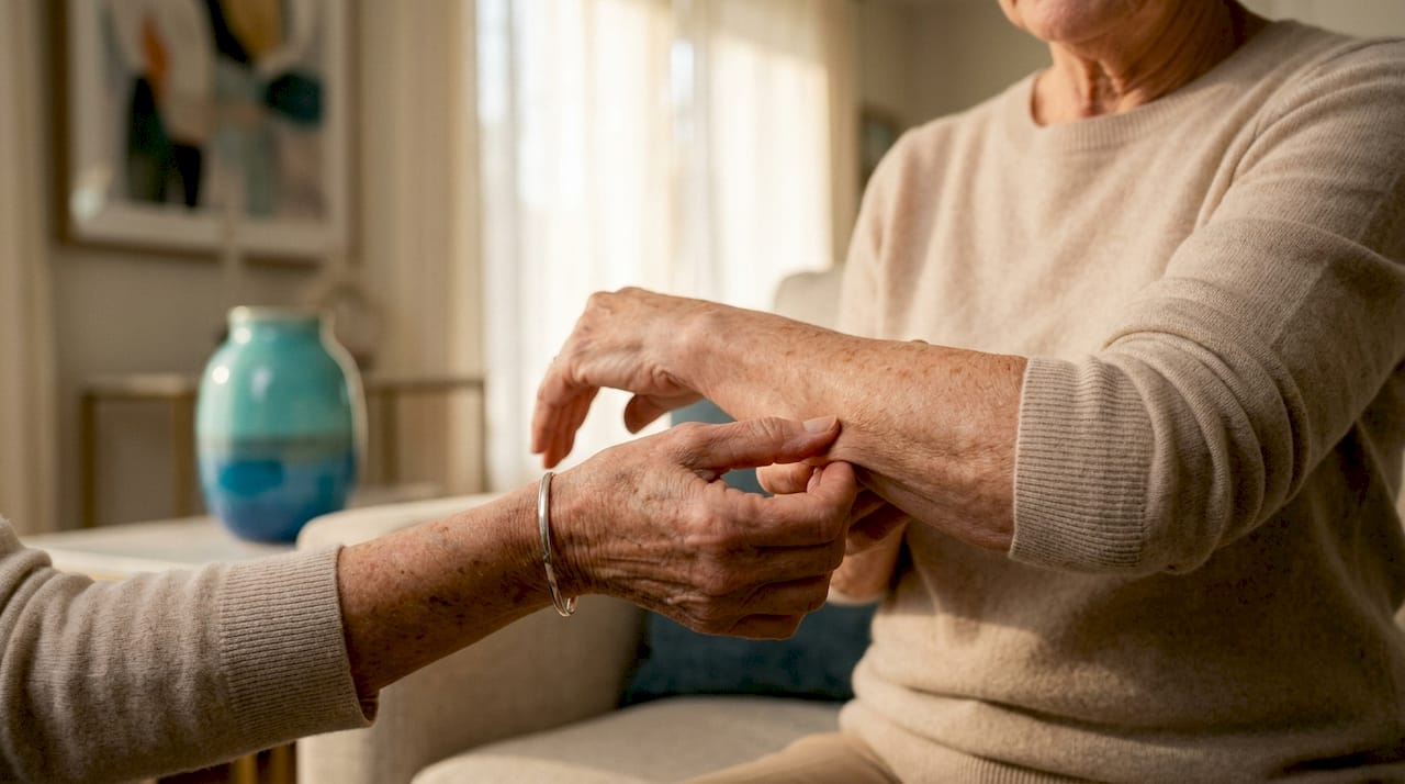 Close-up of hands pinching aged loose skin