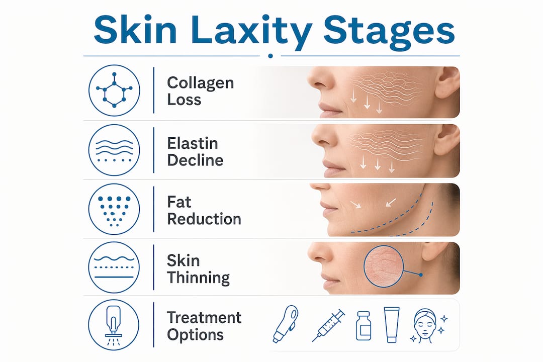 Infographic outlining stages and treatments of skin laxity