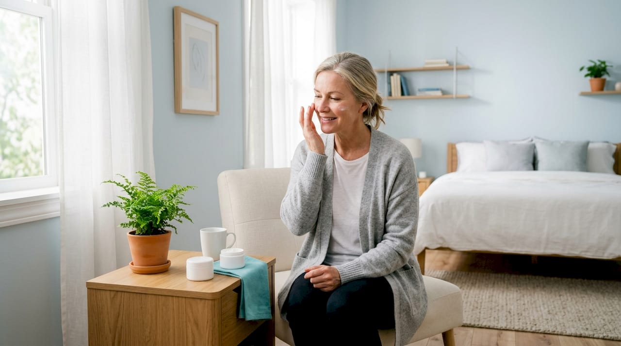 Mature woman applying face moisturizer in bathroom