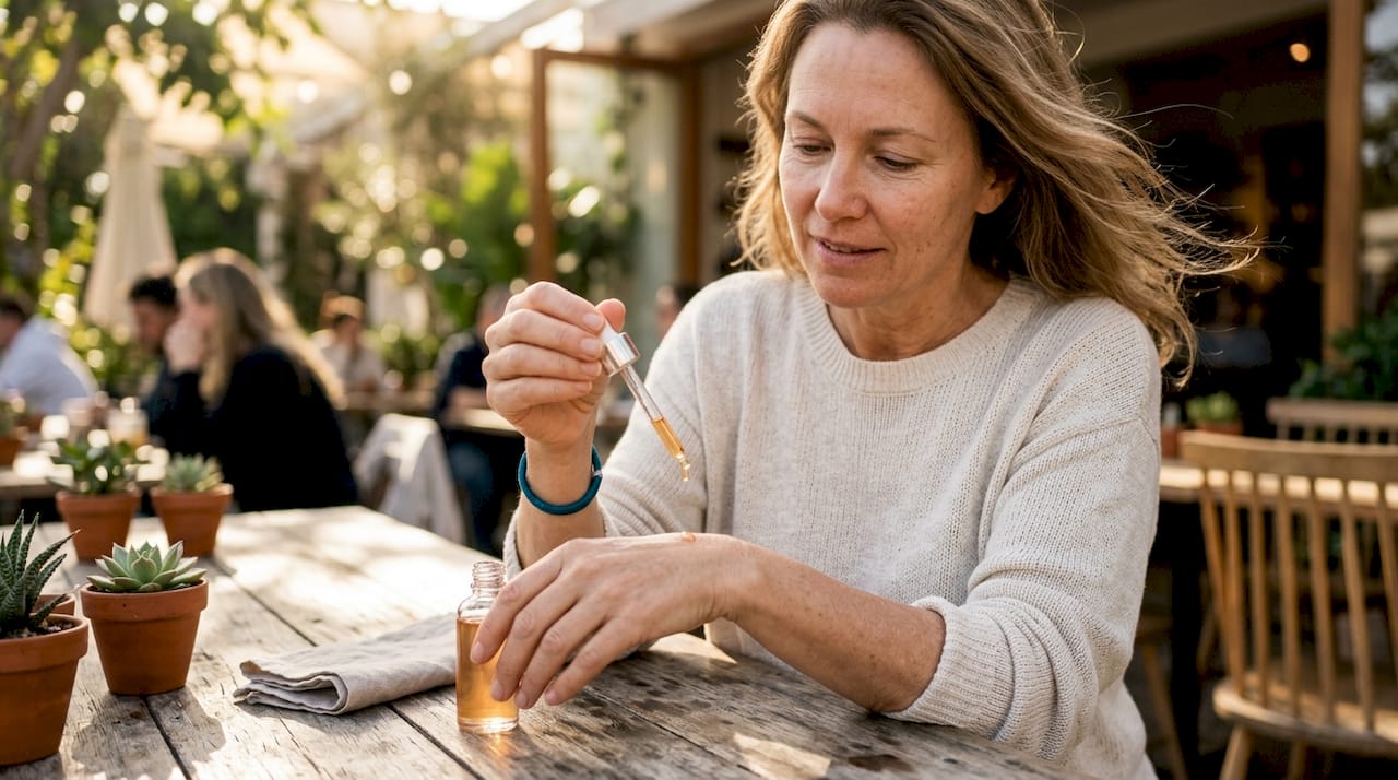 Close-up hands holding vitamin C serum dropper