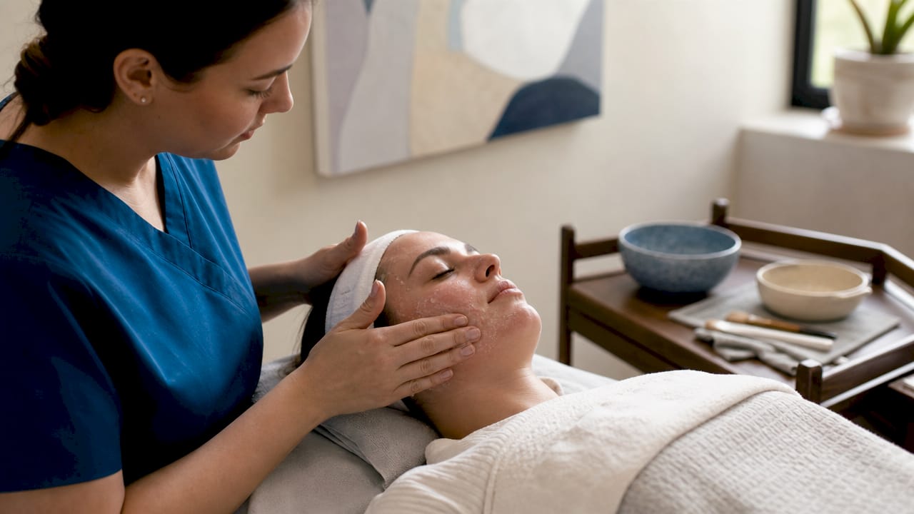 Hands exfoliating client’s facial skin in spa