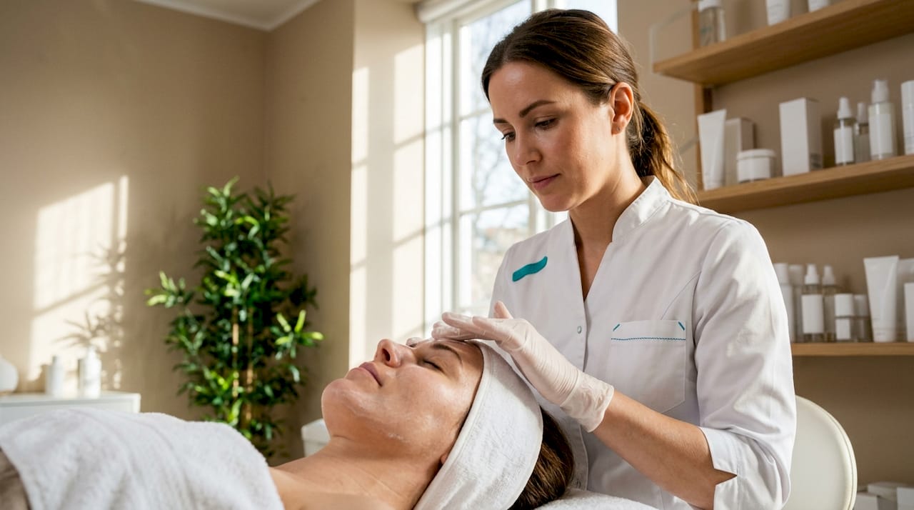 Esthetician applying facial cream to client at spa