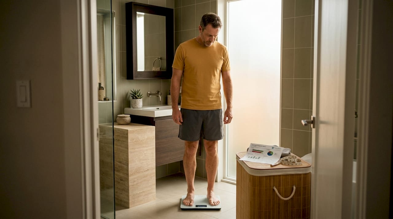 Middle-aged man tracking body composition at home