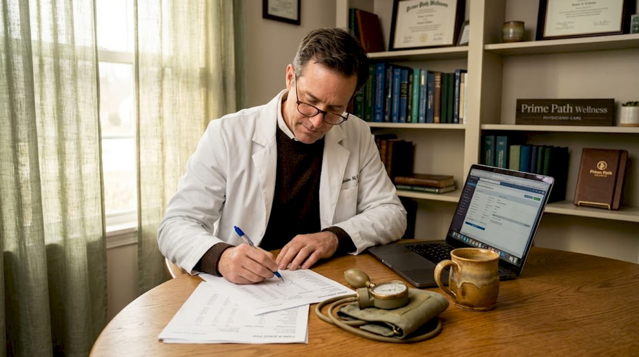 Doctor checking patient bloodwork at desk