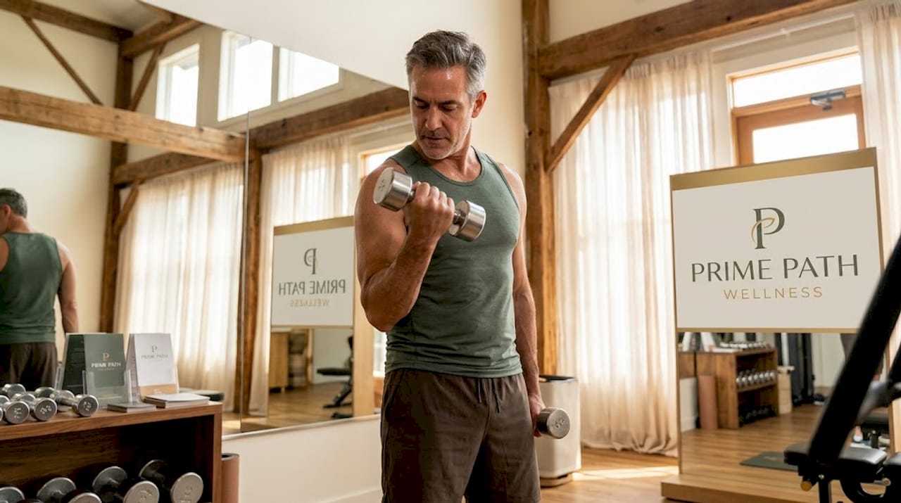 Older man lifting weights in home garage gym
