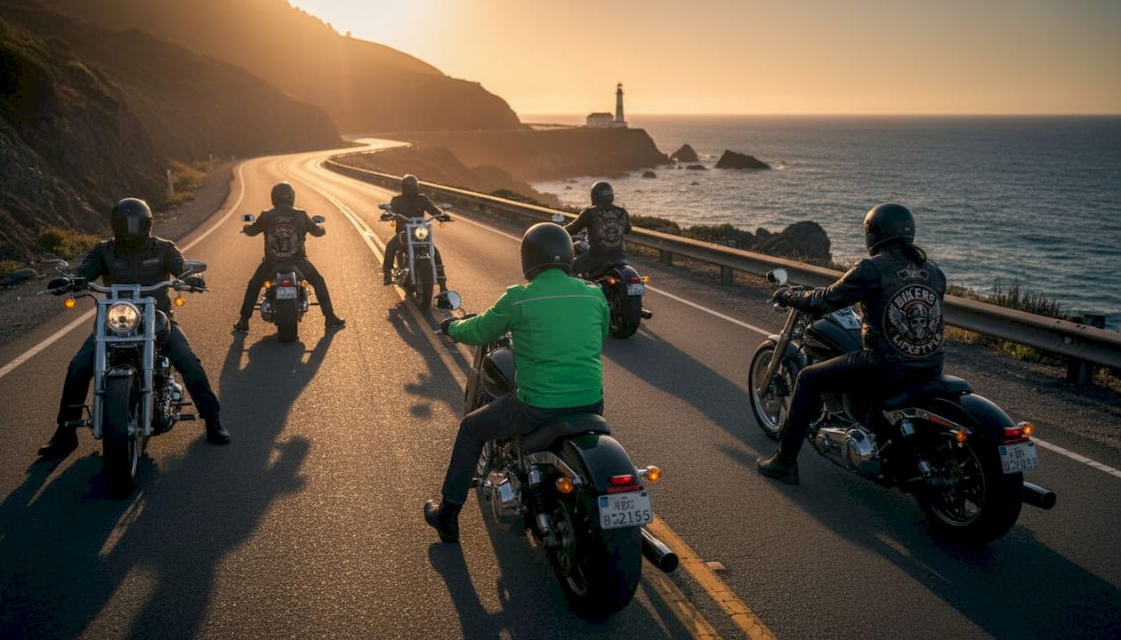Staggered group of bikers on highway
