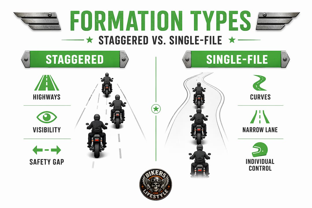 Infographic comparing staggered and single-file motorcycle formation