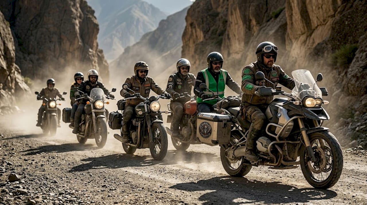 Group of motorcyclists riding in staggered formation