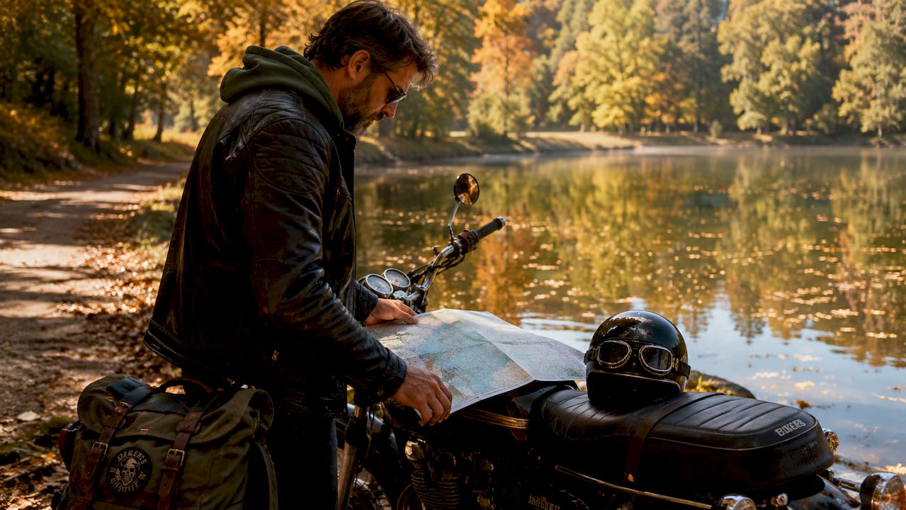 Motorcycle rider checking route map outdoors