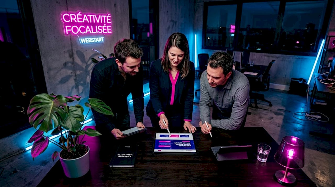 Une équipe réunie autour d’une table échange des idées sur la maquette d’un site web.