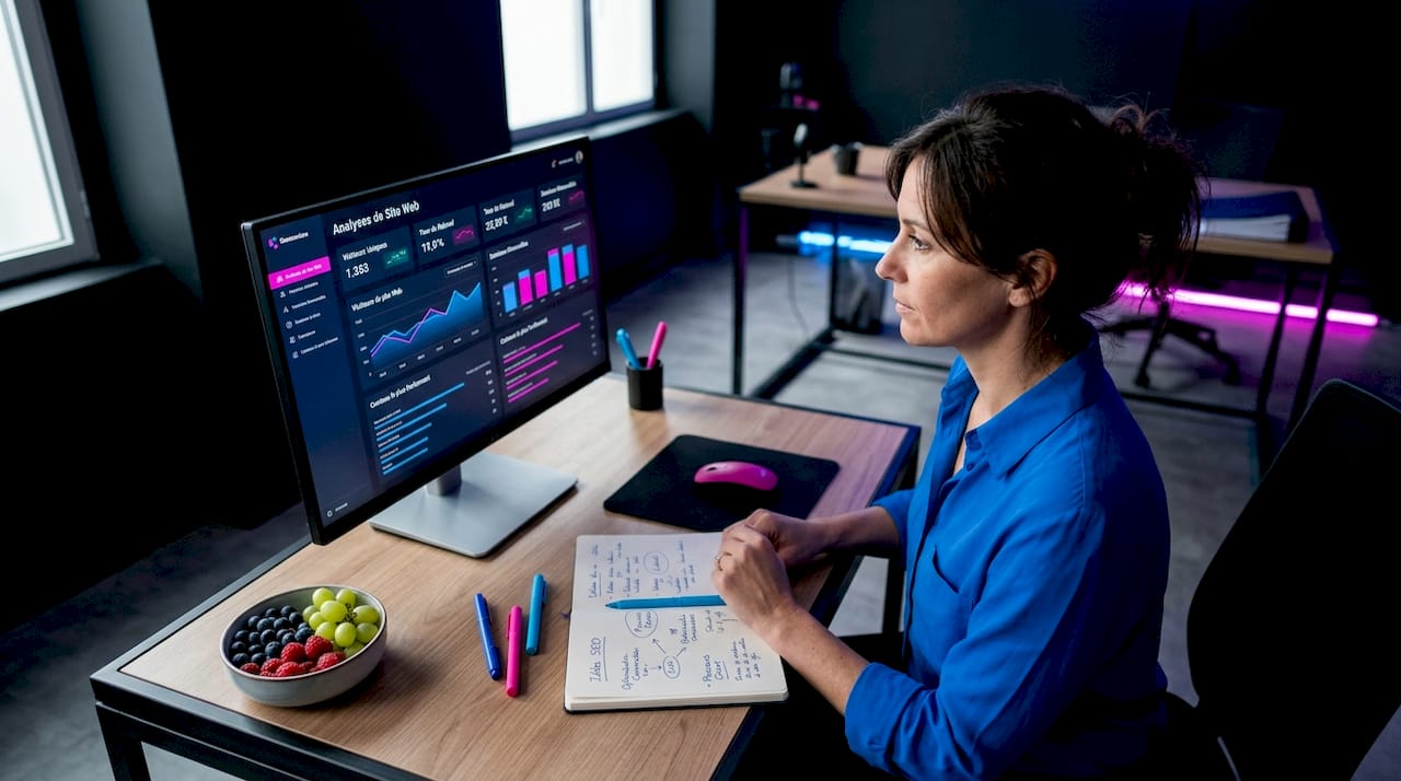 Une professionnelle analyse les indicateurs de performance de son site web depuis les locaux de son agence.