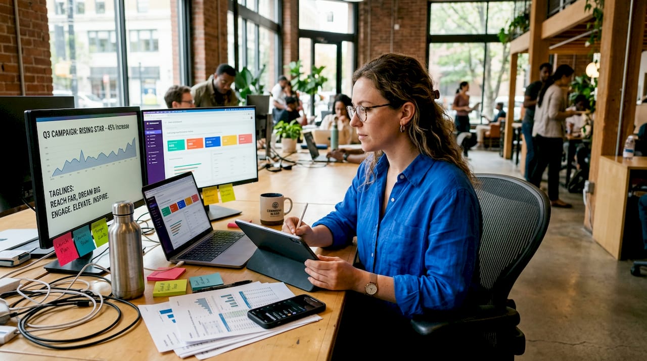 Responsable marketing concentré sur son travail, entouré de ses outils numériques à son bureau.