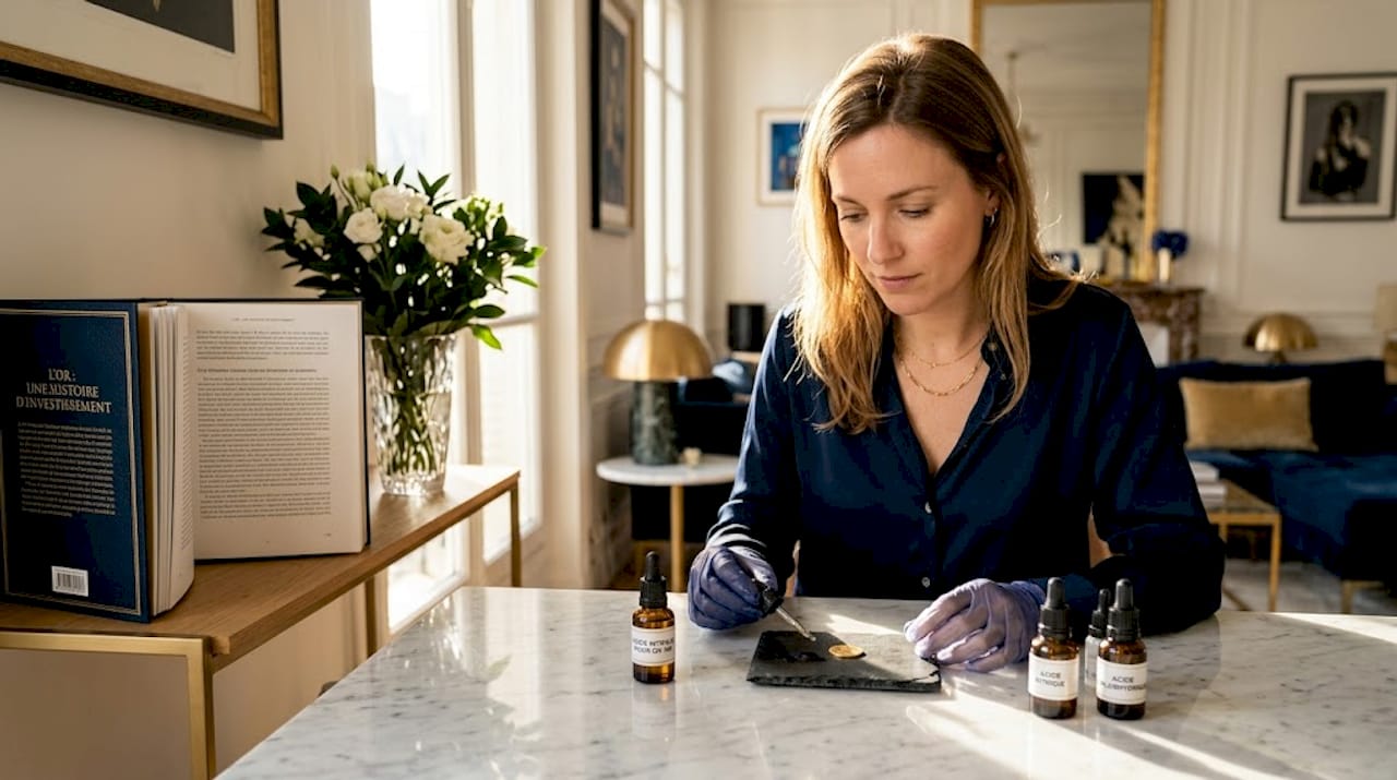 Une femme vérifie l’authenticité d’une pièce en or grâce à un kit de test à domicile.