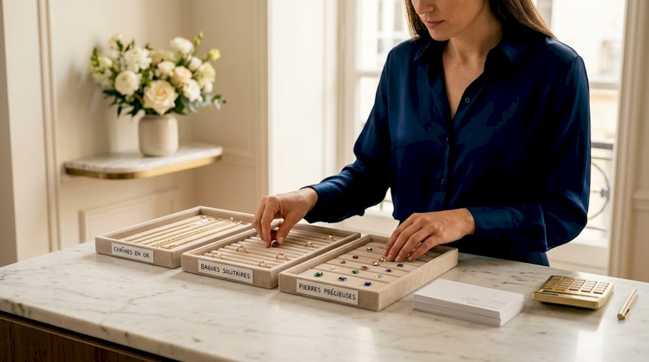 Le responsable de la boutique trie les bijoux en fonction de leur style et de leur catégorie.