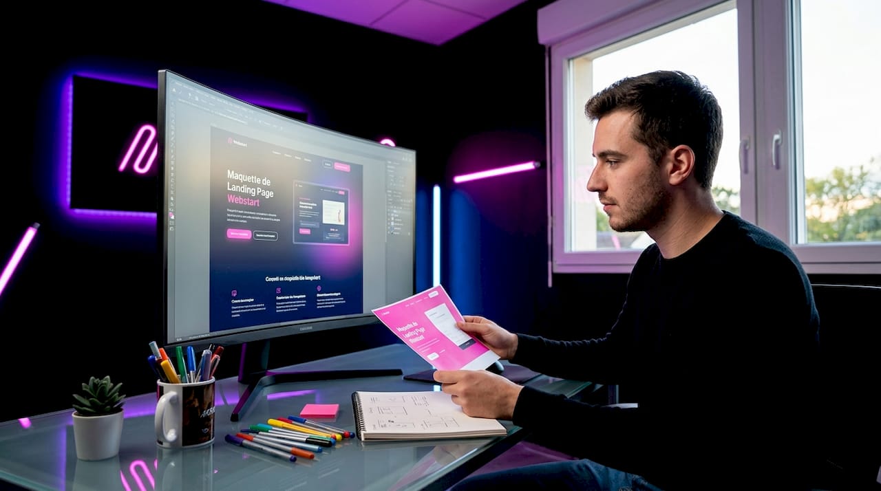 Un designer en plein travail, en train de repenser la mise en page d’une landing page dans son espace de création.