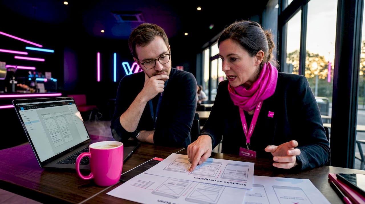 Échange entre un développeur et un designer au sein d’une agence web