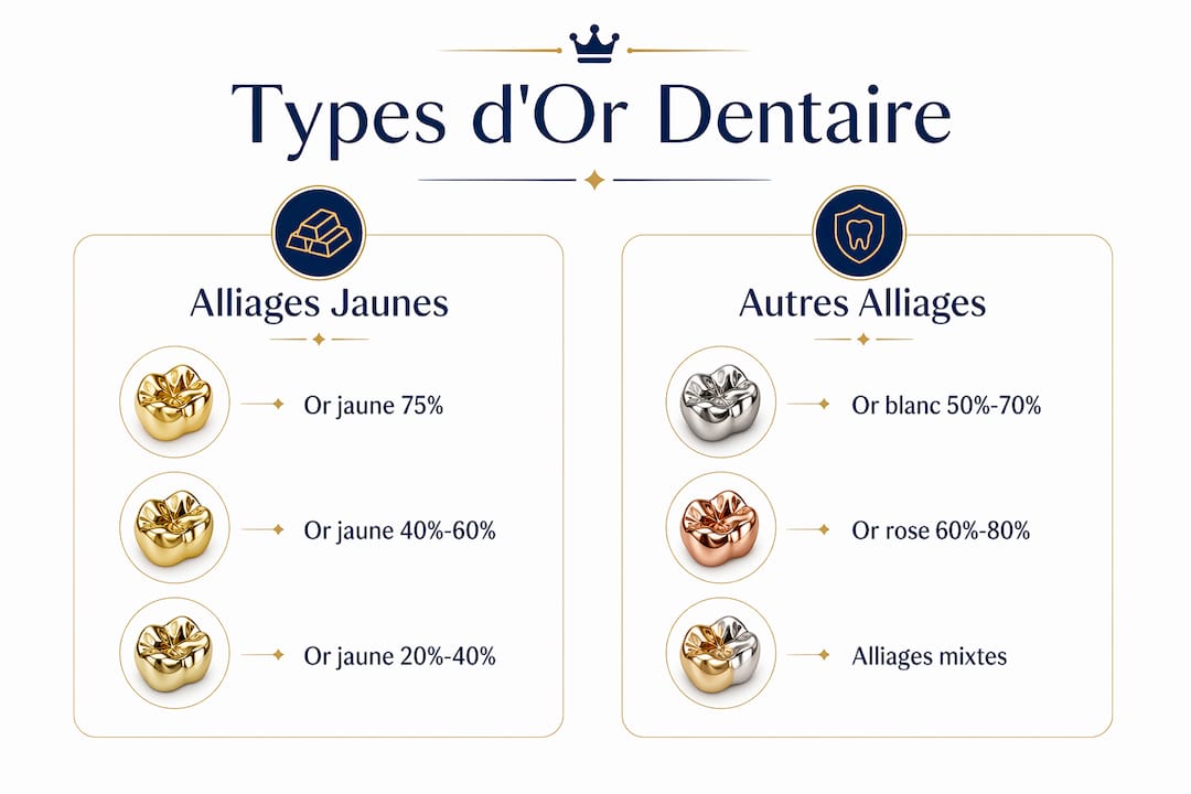 Infographie : les différentes variétés d’or utilisées en dentisterie, leurs caractéristiques et avantages comparés