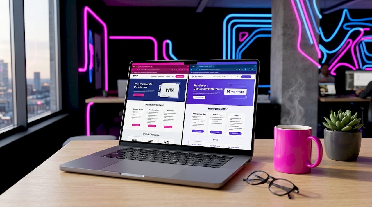 Écran d’ordinateur portable affichant un comparatif des plateformes Wix et Hostinger