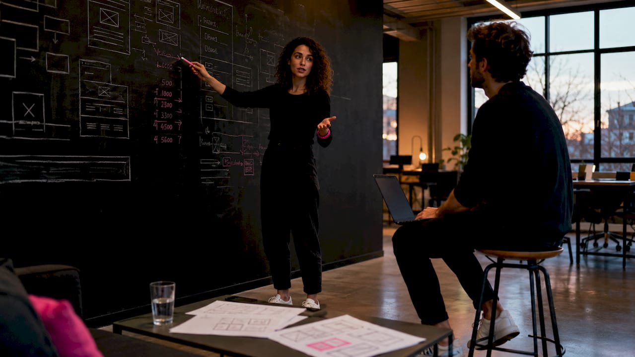 Des consultants échangent sur les tarifs d’un site vitrine.