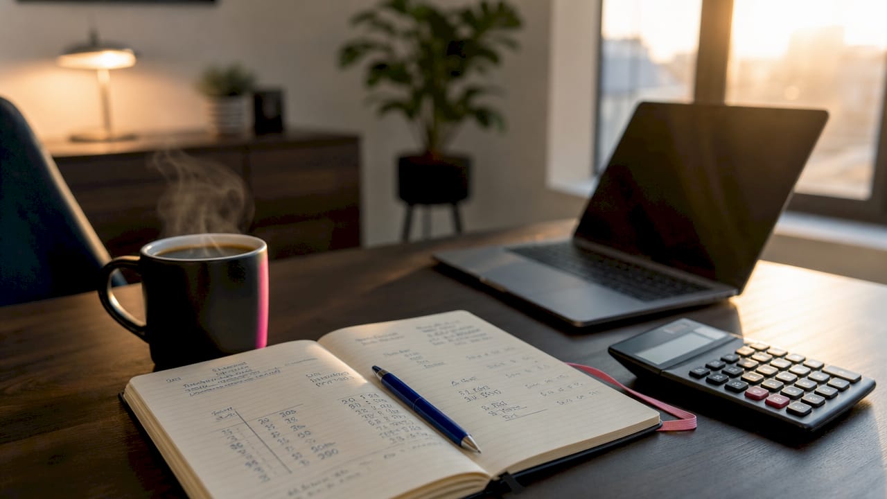 Bureau avec des notes de budget et une calculatrice, destiné à illustrer un site web