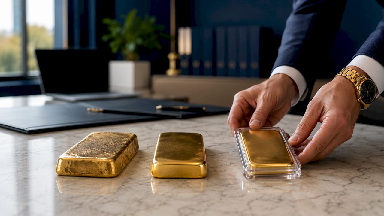 Différents lingots d’or soigneusement exposés sur une table.