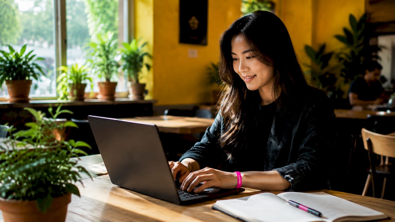 Les mains expertes d’une consultante SEO en pleine action sur son ordinateur portable, installée dans un café.