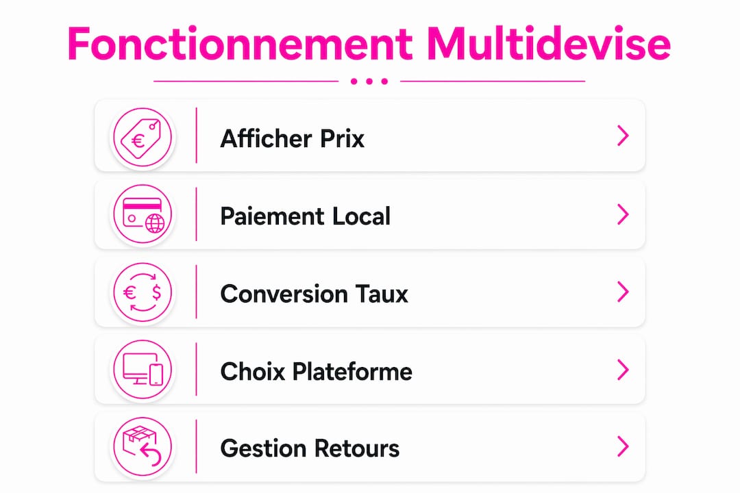 Infographie illustrant les différentes étapes d’un parcours e-commerce en multidevise