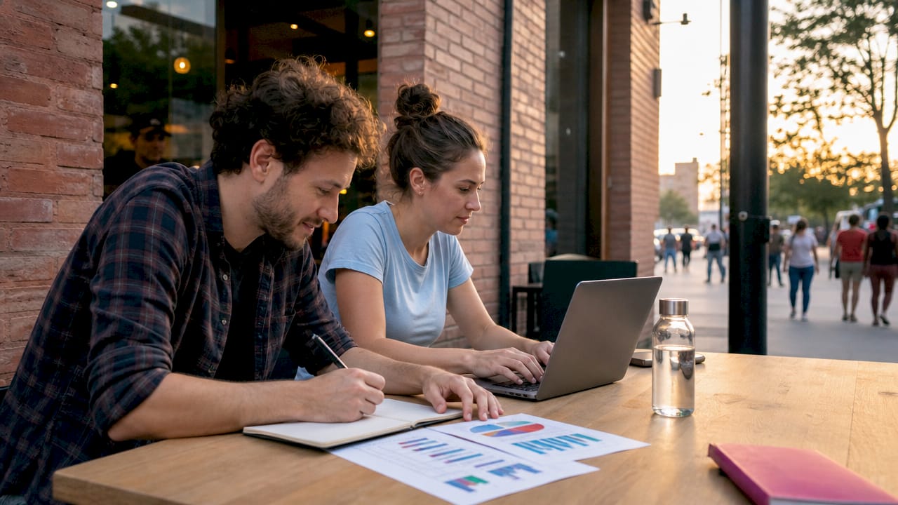 Travail en équipe autour d’un ordinateur et de prises de notes, en plein échange.