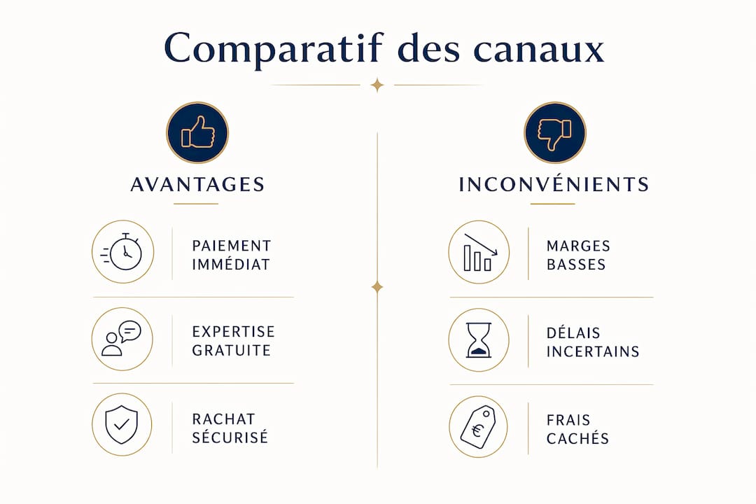 Infographie : panorama des points forts et des limites des différents canaux de vente d’or