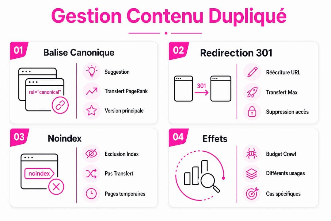 Infographie : différences entre la balise canonique, la redirection 301 et l’attribut noindex